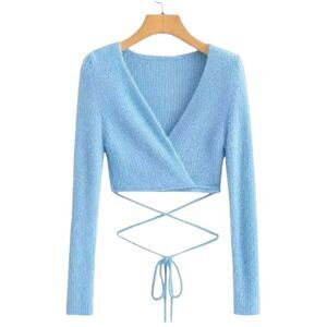 Ultra Soft Fuzzy Blue Wrap Tie V Neck Sweaters